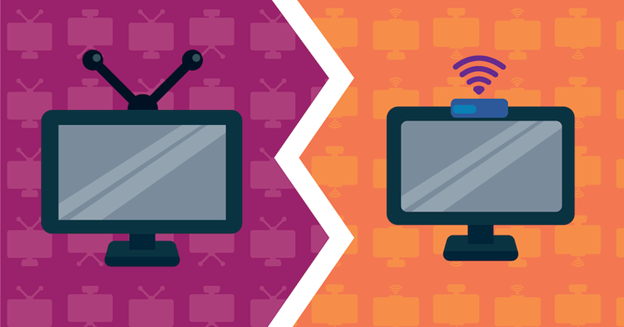 This is a decorative image for the blog titled TV Advertising: Bridging Linear TV and Streaming Platforms. It shows an illustration of what could be considered an older TV model with an antenna on the left side and a newer TV model on the right side.